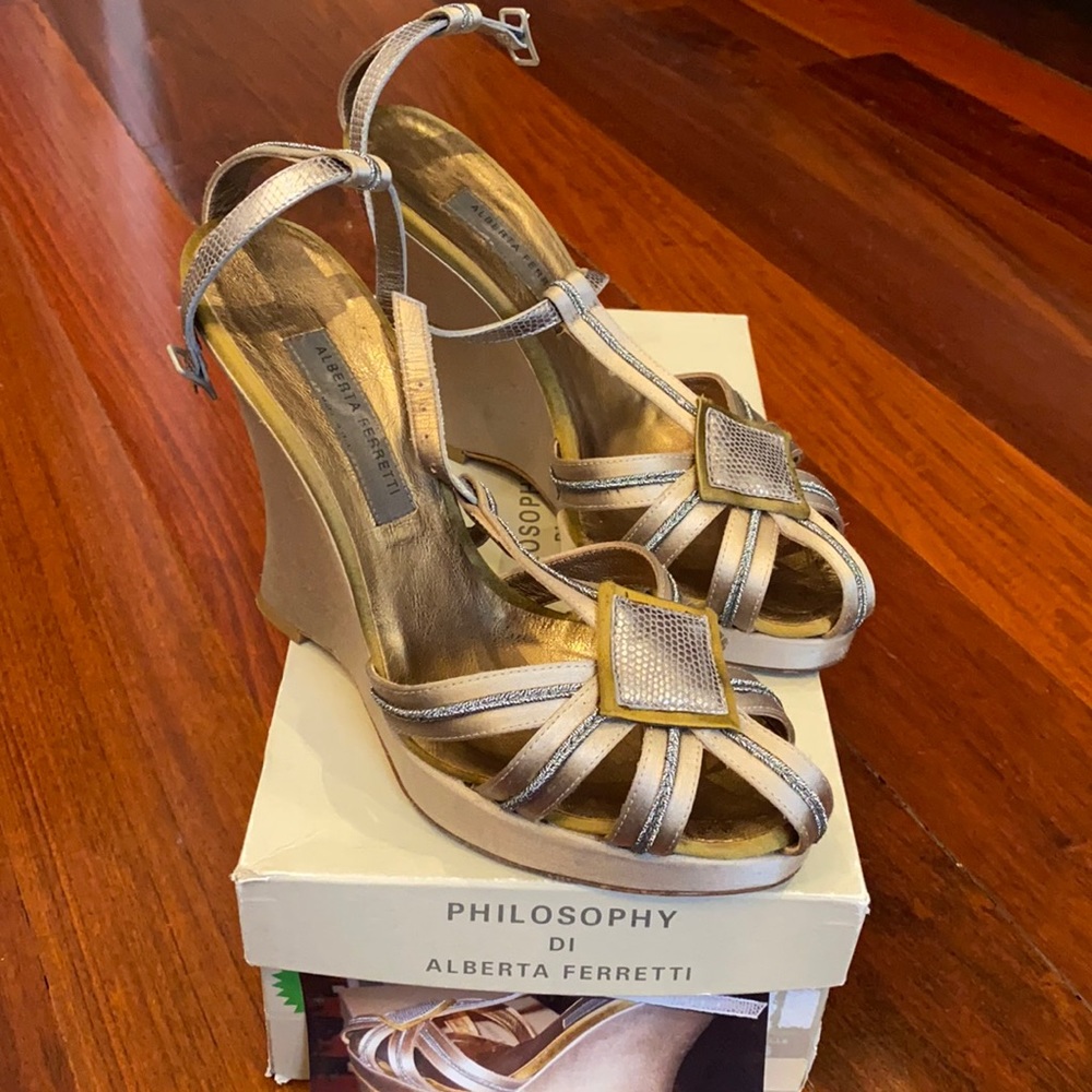 Philosophy Alberta ferretti Italy shoes women silver evening wedge satin 37 heel